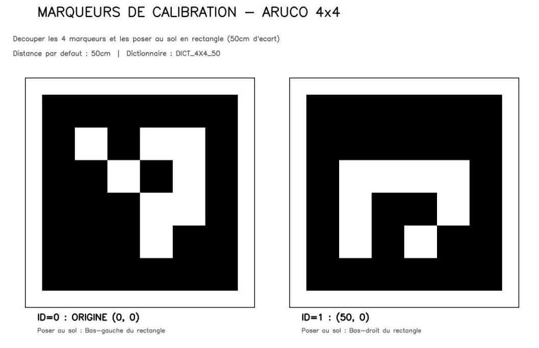 Planche de calibration ArUco 4×4 : marqueur ID=0 à l'origine (0, 0) et marqueur ID=1 à (50, 0) cm.